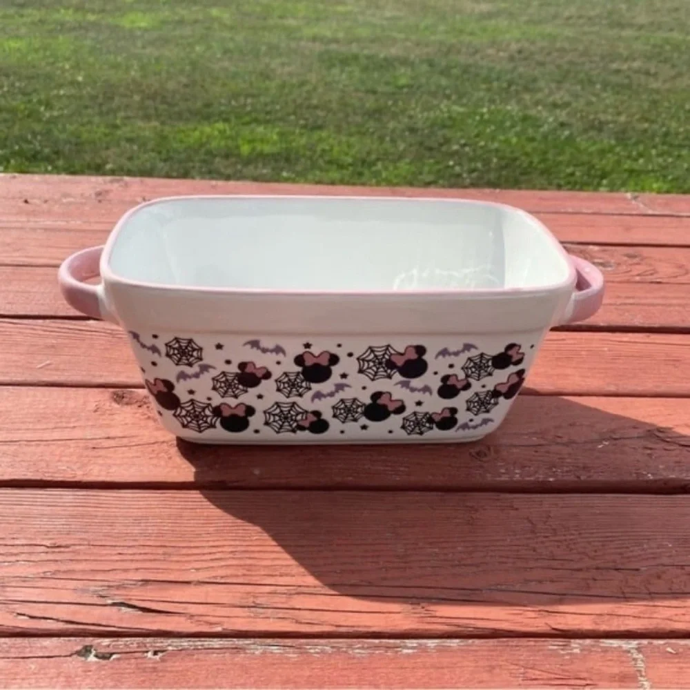Disney Minnie Mouse Baking Dish NEW Halloween Spider Web Pink Handles Loaf Bread